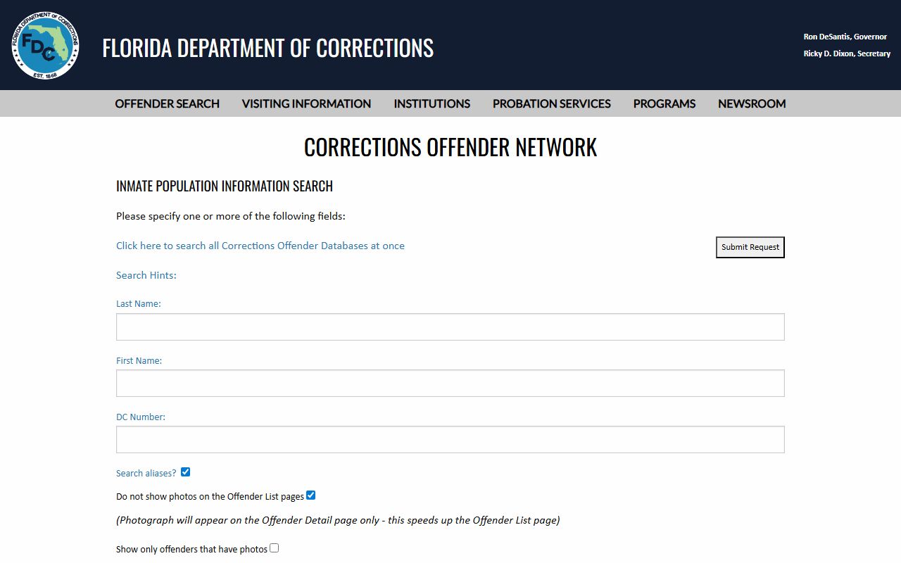 Florida Department of Corrections inmate population search for the Holmes County state prison population
