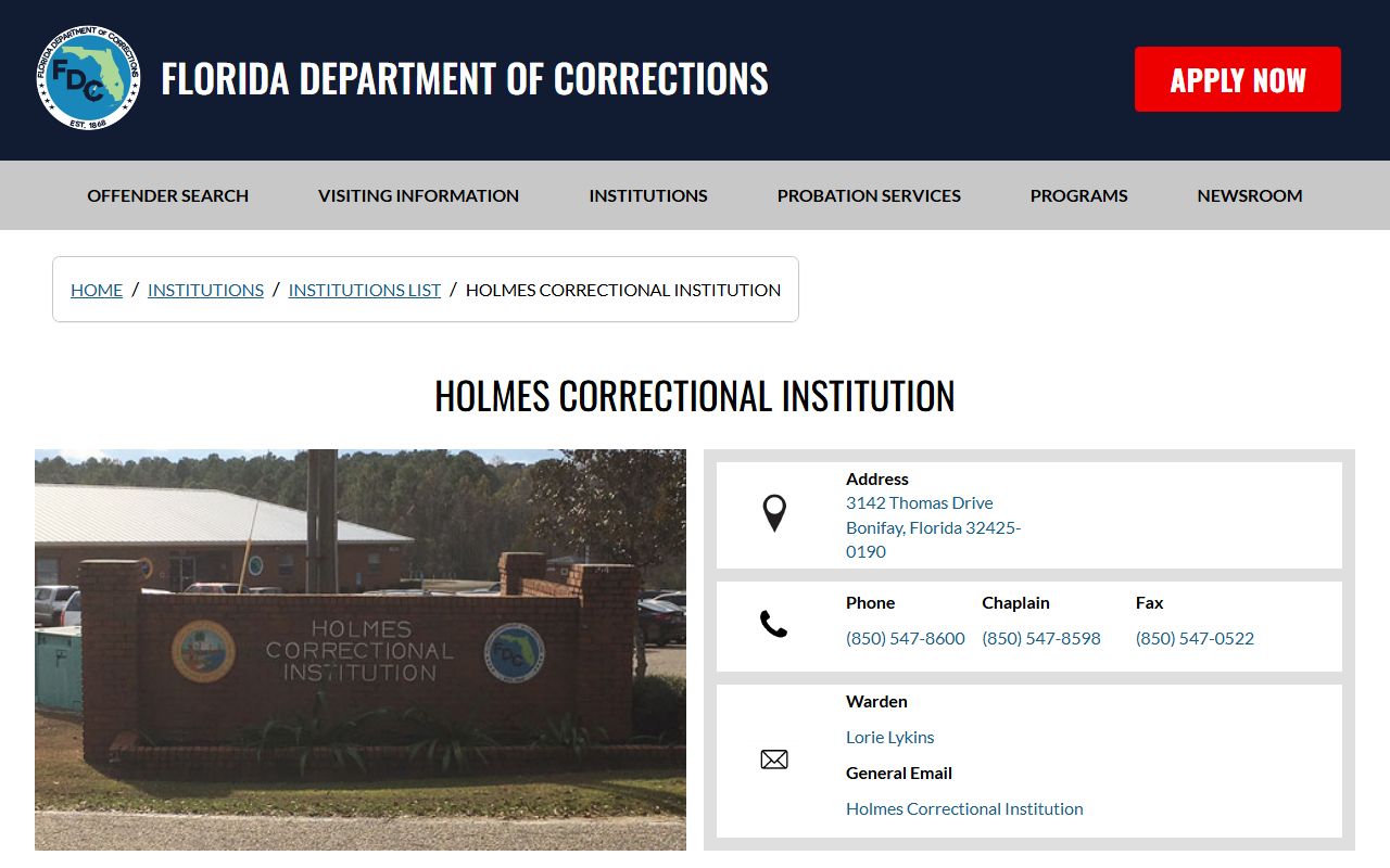 Florida Department of Corrections Holmes Correctional Institution page with address, warden, and capacity