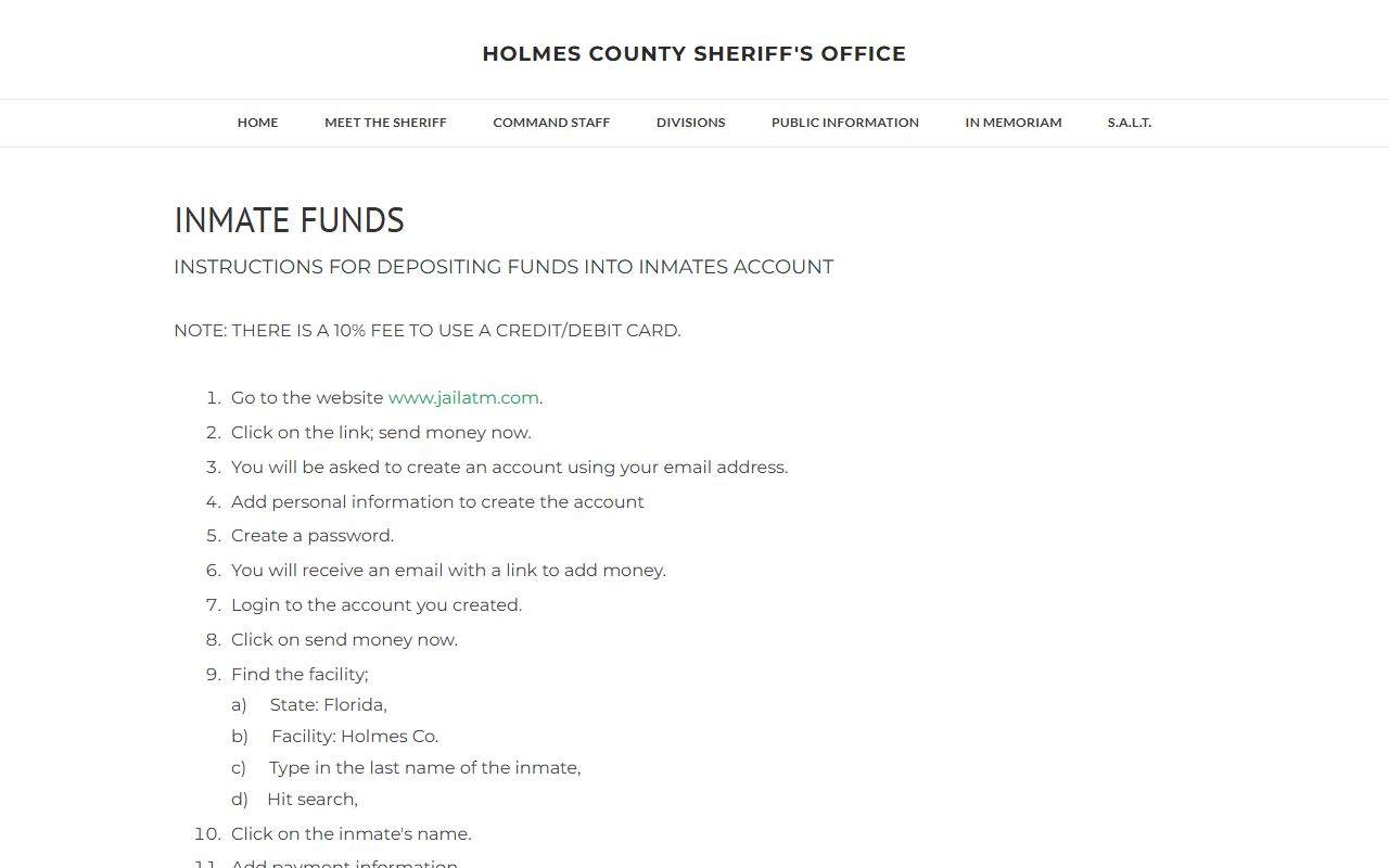 Holmes County Jail inmate funds and JailATM deposit instructions