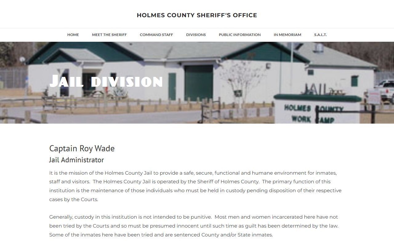 Holmes County Jail division page used for the Holmes County inmate population lookup
