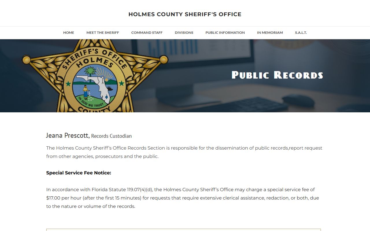 Holmes County Sheriff records request form for Holmes County jail inmate records