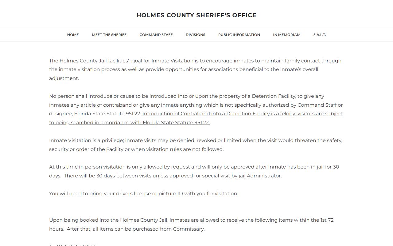 Holmes County Jail visitor information rules for inmate visits